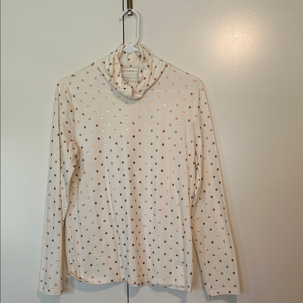 Talbots Cream turtle neck Top with Gold Polka Dots